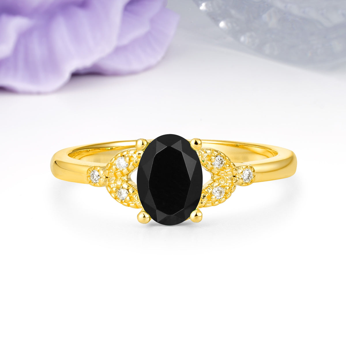 Luxurious 4-Prong Oval Cut Black Onyx Engagement Ring - Additional view