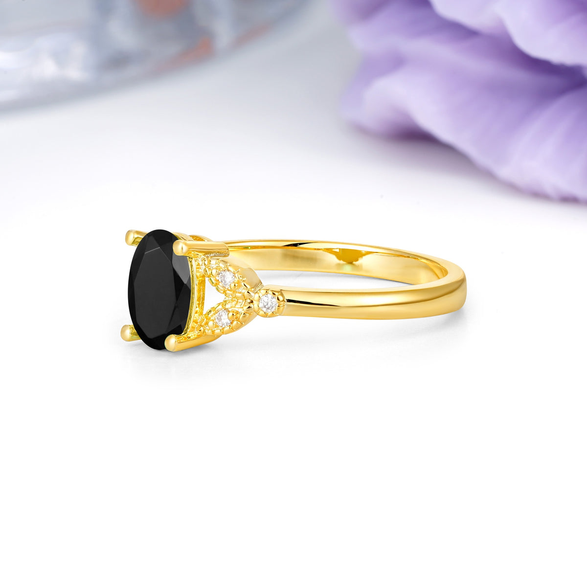 Luxurious 4-Prong Oval Cut Black Onyx Engagement Ring - Additional view