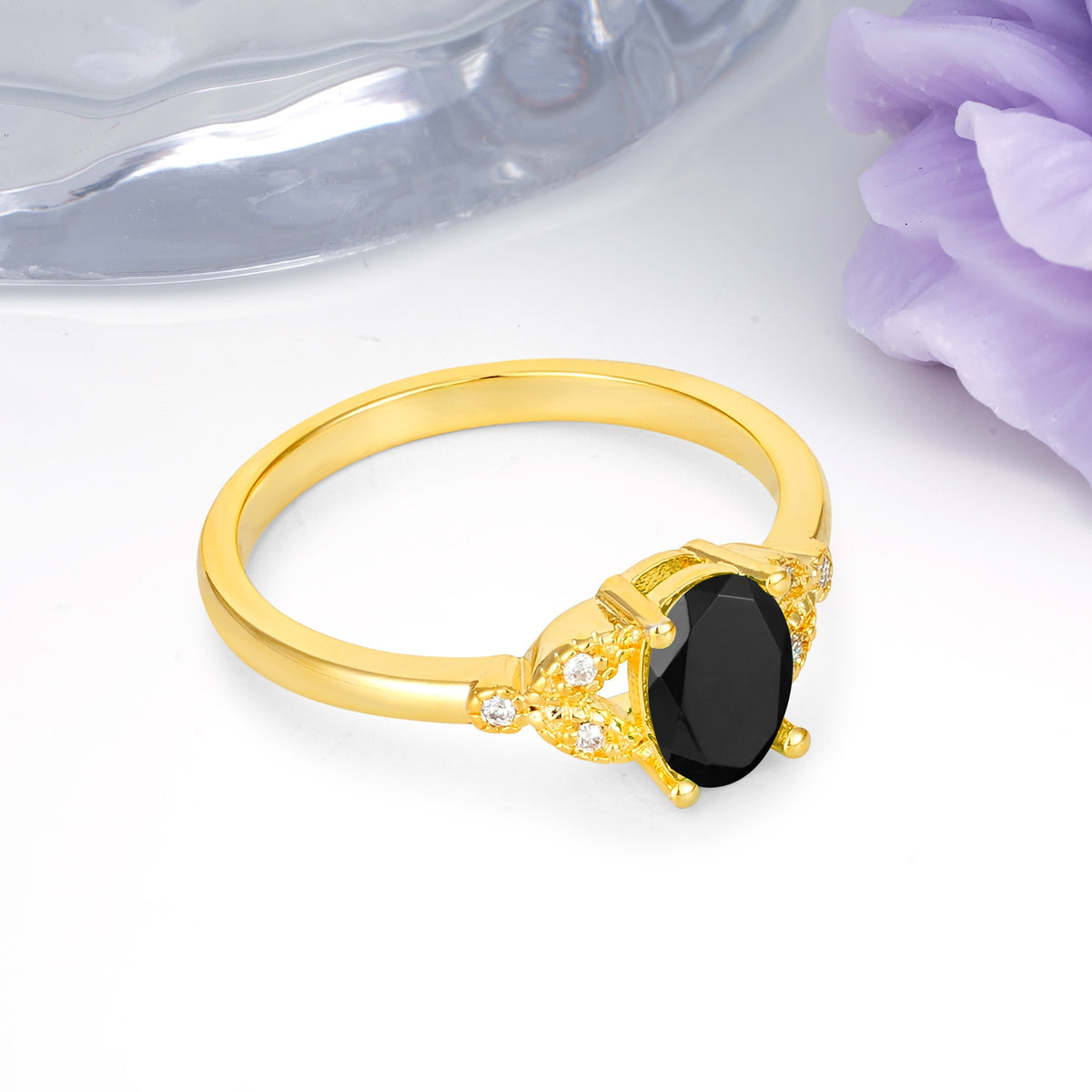 Luxurious 4-Prong Oval Cut Black Onyx Engagement Ring - Additional view