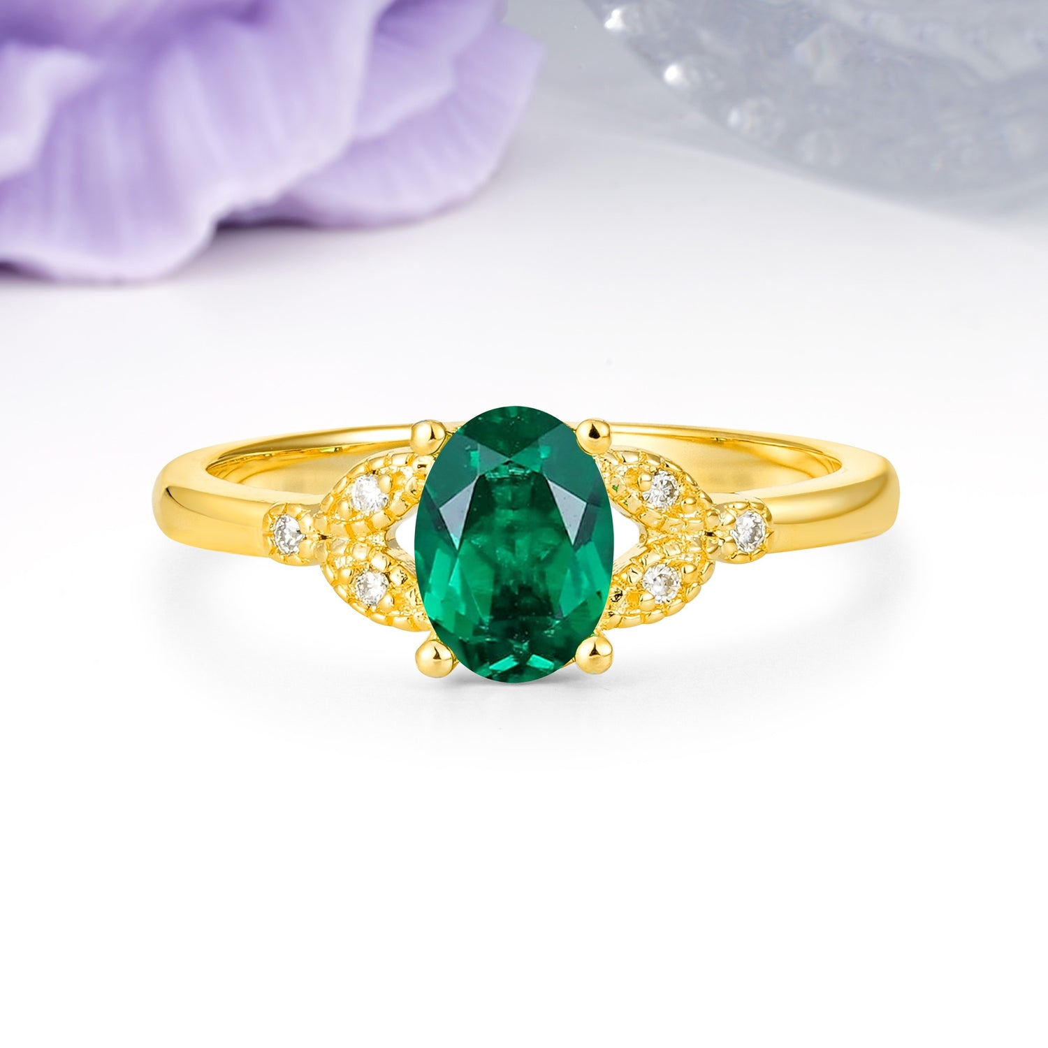 Luxurious 4-Prong Oval Cut Emerald Engagement Ring - Additional view