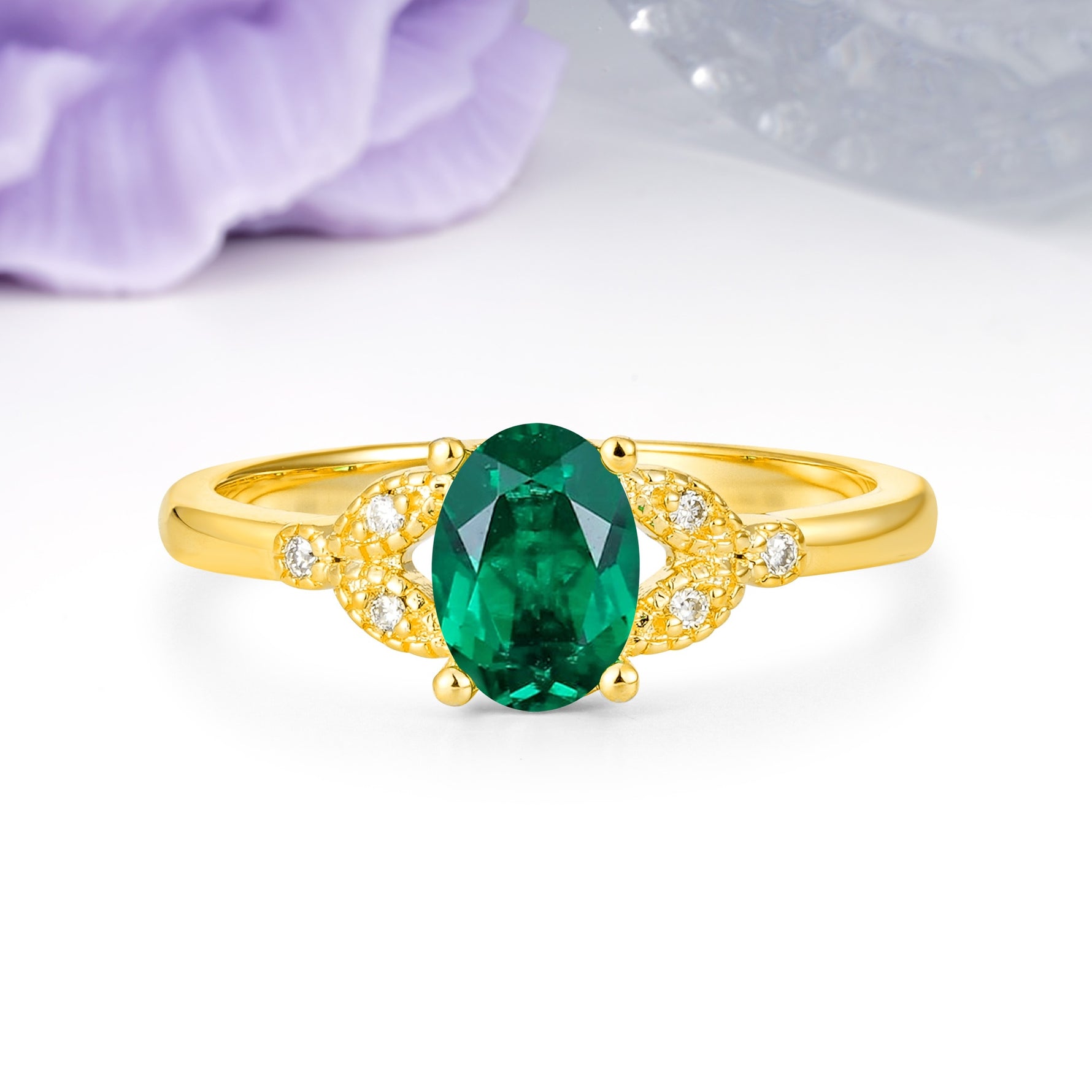 Luxurious 4-Prong Oval Cut Emerald Engagement Ring - Additional view