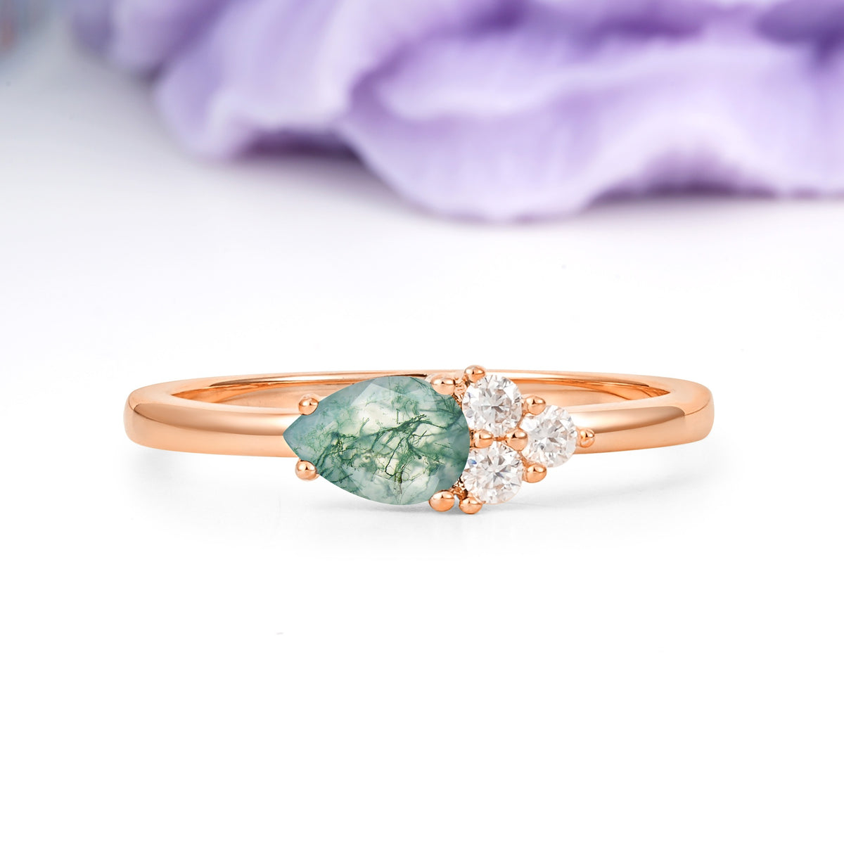Unique, Minimalist 4-Prong Pear Cut Moss Agate Engagement Ring - Additional view