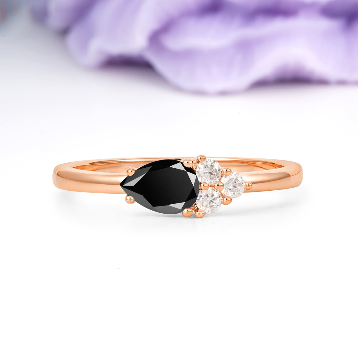 Unique, Minimalist 4-Prong Pear Cut Black Onyx Engagement Ring - Additional view
