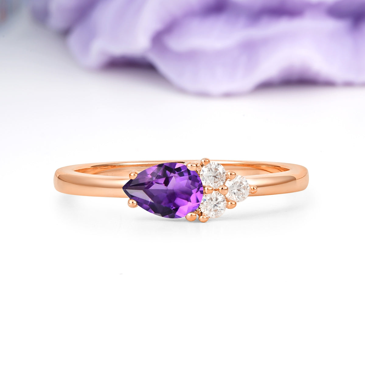 Unique, Minimalist 4-Prong Pear Cut Amethyst Engagement Ring - Additional view