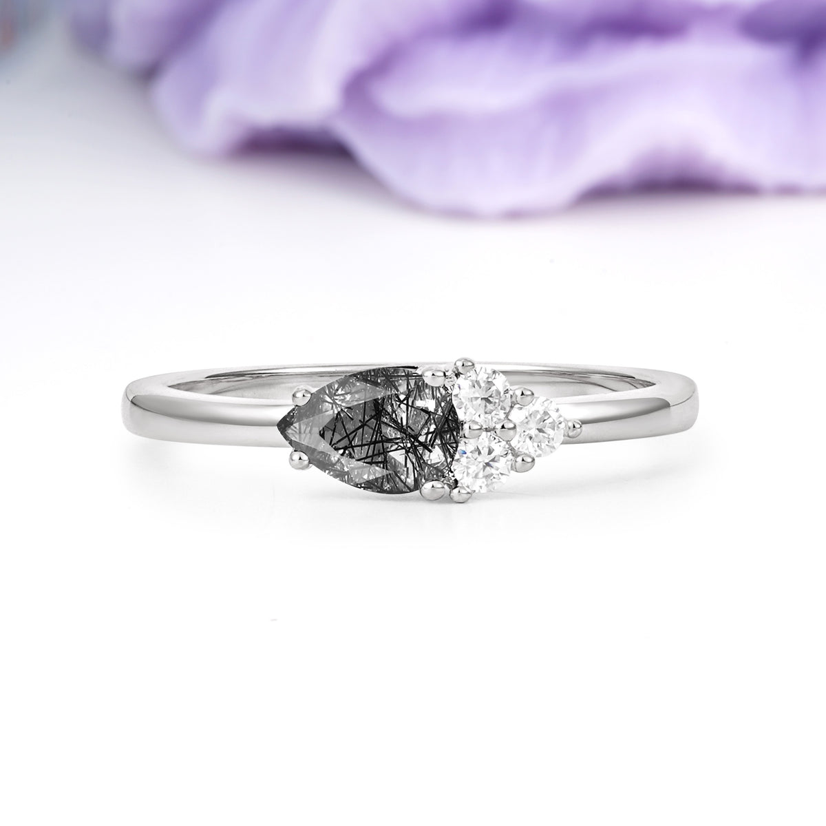 Unique, Minimalist 4-Prong Pear Cut Black Rutilated Quartz Engagement Ring - Additional view