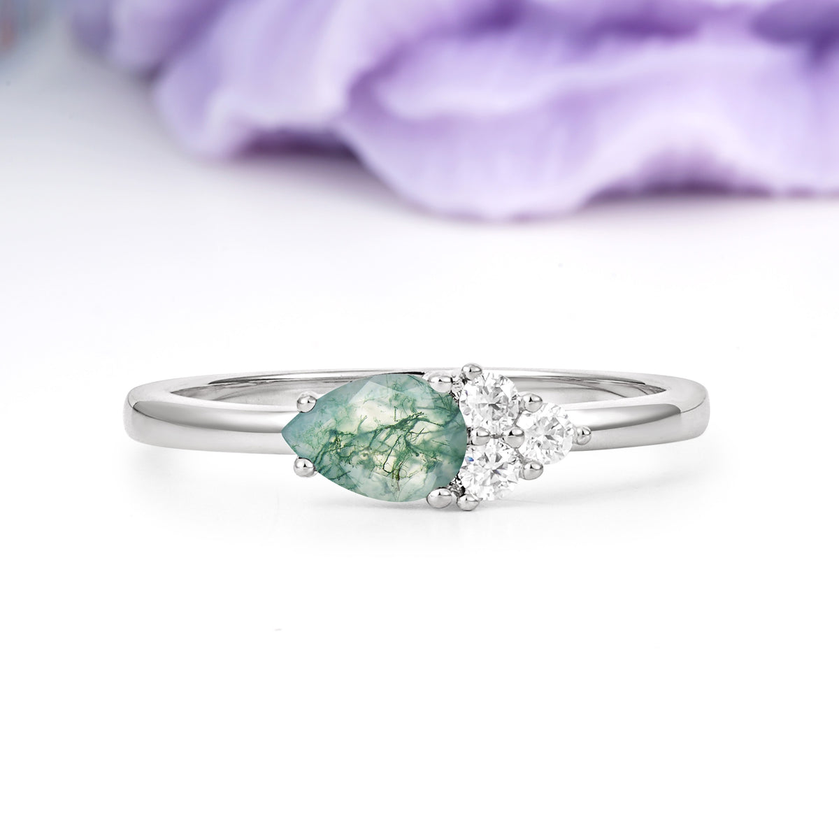 Unique, Minimalist 4-Prong Pear Cut Moss Agate Engagement Ring - Additional view