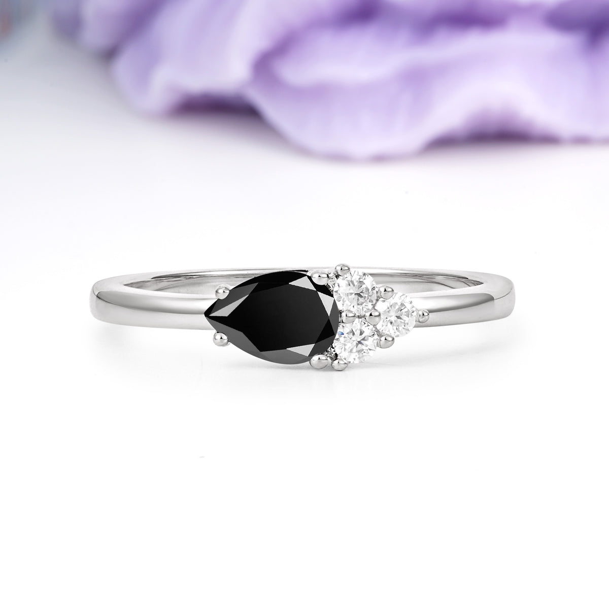 Unique, Minimalist 4-Prong Pear Cut Black Onyx Engagement Ring - Additional view