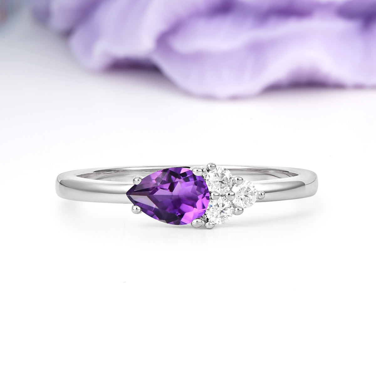 Unique, Minimalist 4-Prong Pear Cut Amethyst Engagement Ring - Additional view