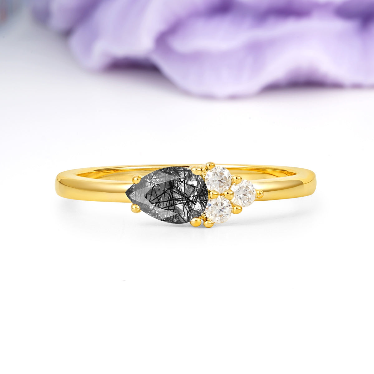 Unique, Minimalist 4-Prong Pear Cut Black Rutilated Quartz Engagement Ring - Additional view