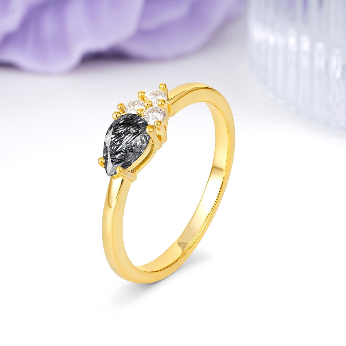 Unique, Minimalist 4-Prong Pear Cut Black Rutilated Quartz Engagement Ring - Additional view