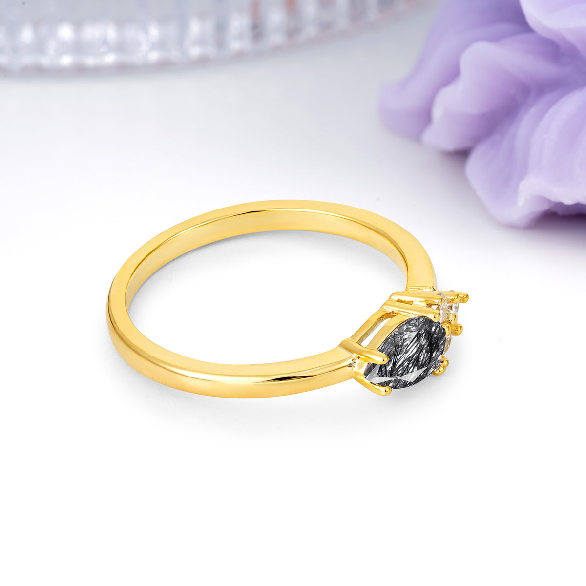 Unique, Minimalist 4-Prong Pear Cut Black Rutilated Quartz Engagement Ring - Additional view