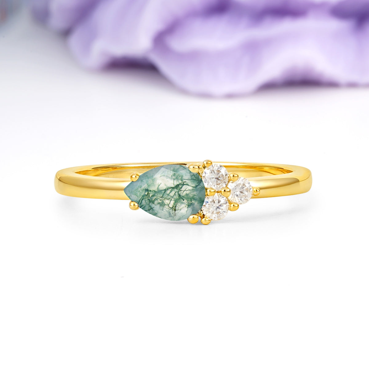 Unique, Minimalist 4-Prong Pear Cut Moss Agate Engagement Ring - Additional view