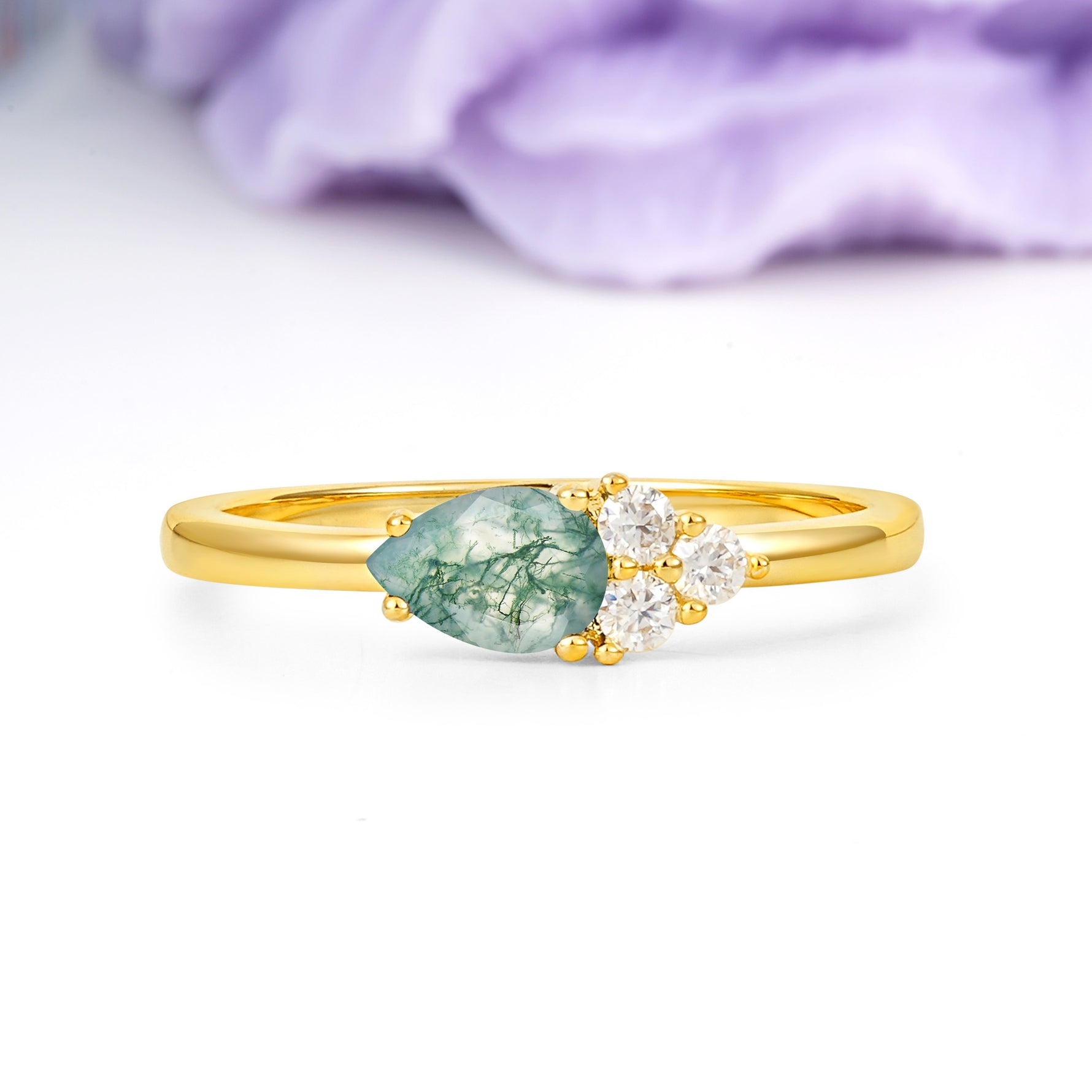 Unique, Minimalist 4-Prong Pear Cut Moss Agate Engagement Ring - Additional view