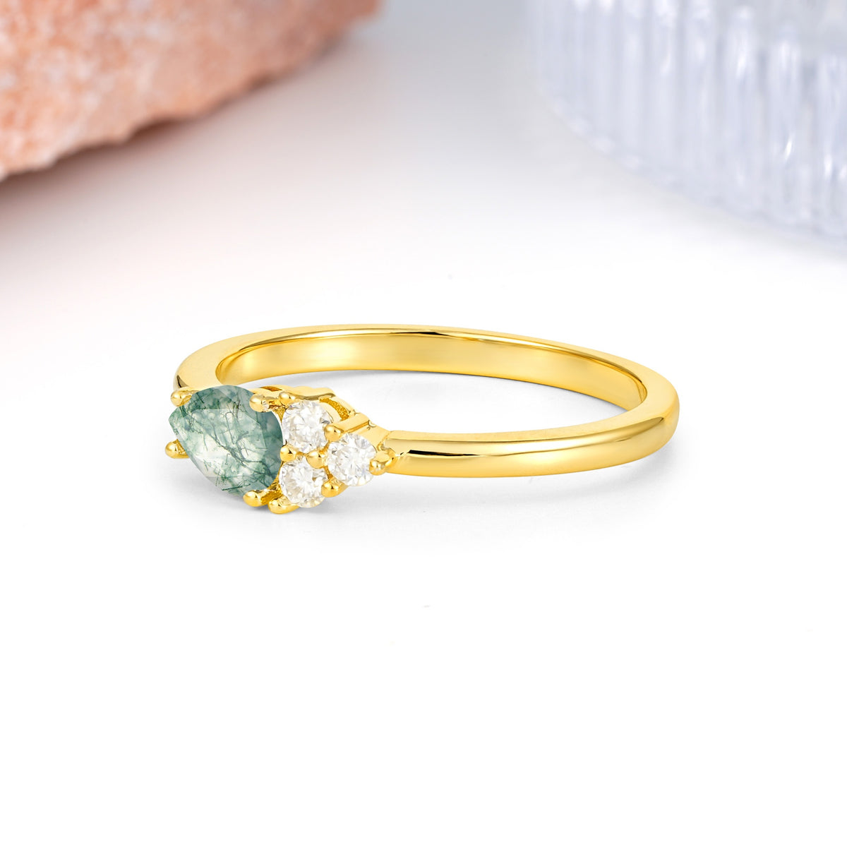 Unique, Minimalist 4-Prong Pear Cut Moss Agate Engagement Ring - Additional view