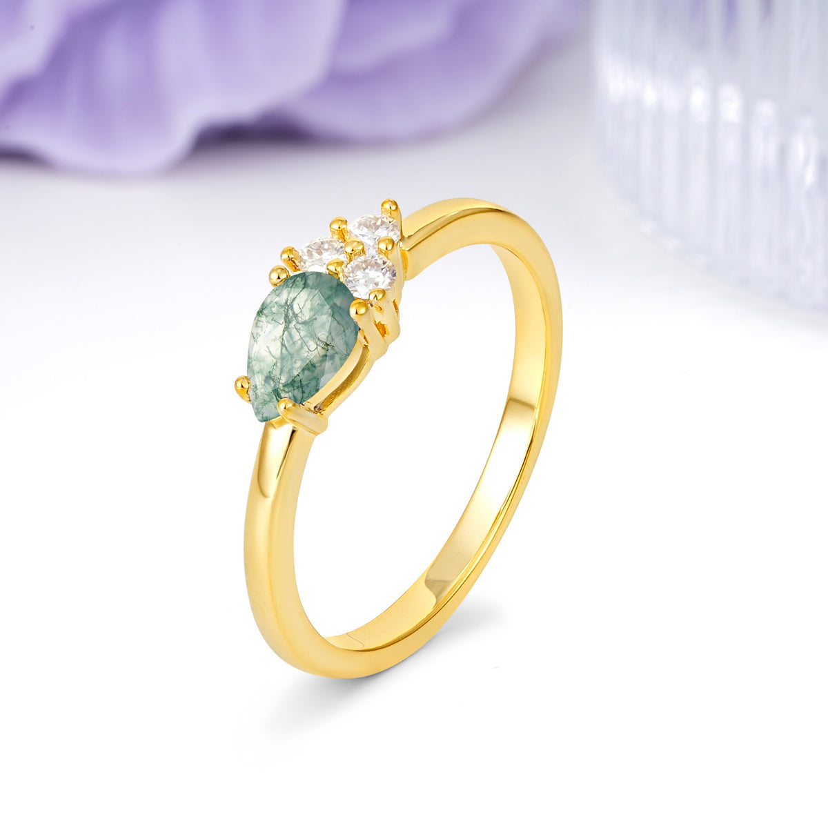 Unique, Minimalist 4-Prong Pear Cut Moss Agate Engagement Ring - Additional view