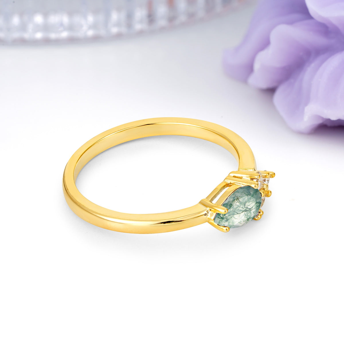 Unique, Minimalist 4-Prong Pear Cut Moss Agate Engagement Ring - Additional view
