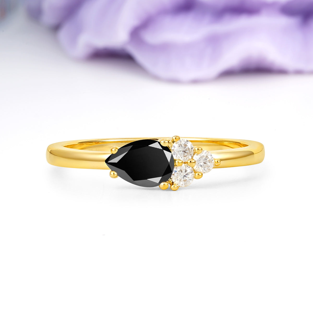 Unique, Minimalist 4-Prong Pear Cut Black Onyx Engagement Ring - Additional view