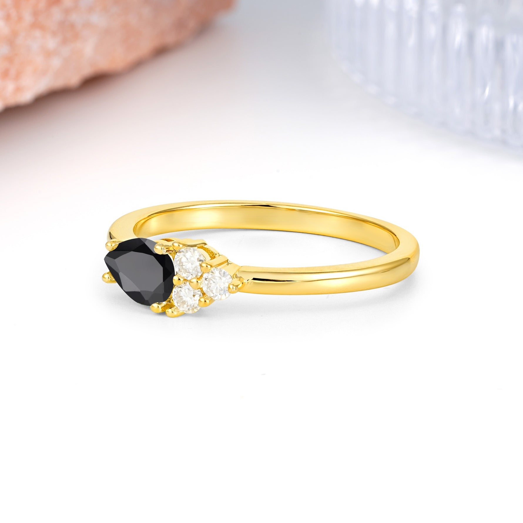 Unique, Minimalist 4-Prong Pear Cut Black Onyx Engagement Ring - Additional view