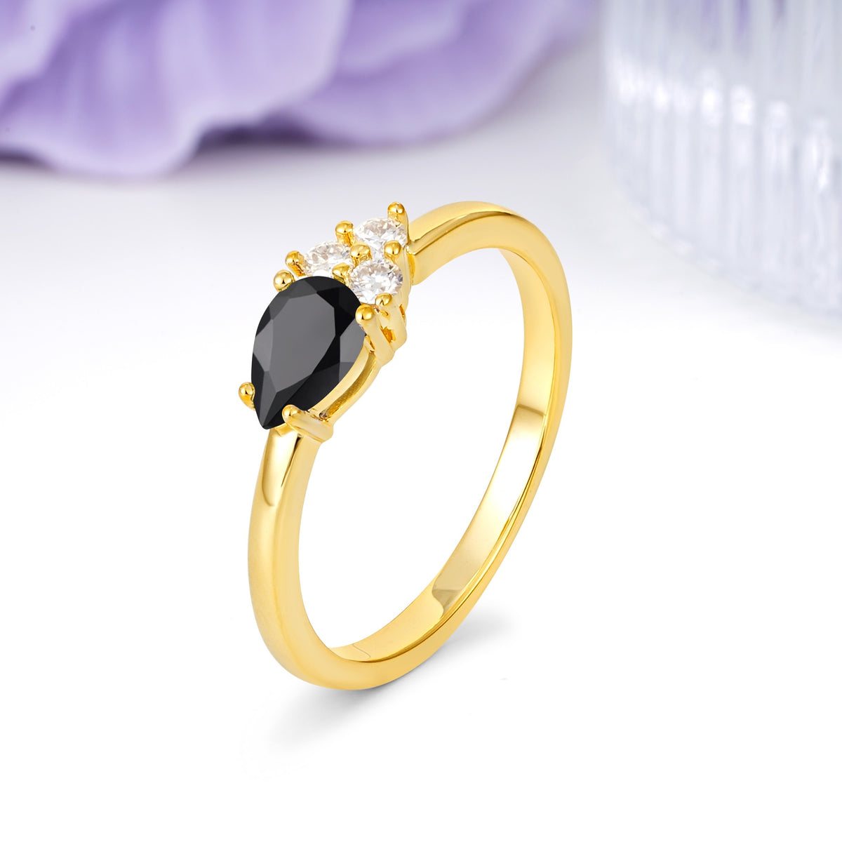 Unique, Minimalist 4-Prong Pear Cut Black Onyx Engagement Ring - Additional view