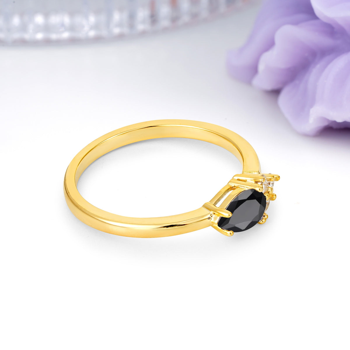 Unique, Minimalist 4-Prong Pear Cut Black Onyx Engagement Ring - Additional view