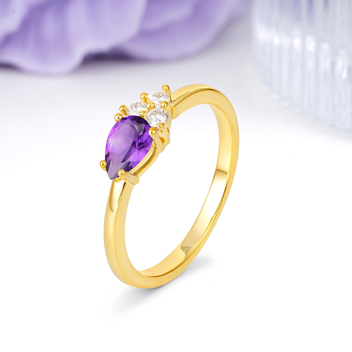 Unique, Minimalist 4-Prong Pear Cut Amethyst Engagement Ring - Additional view