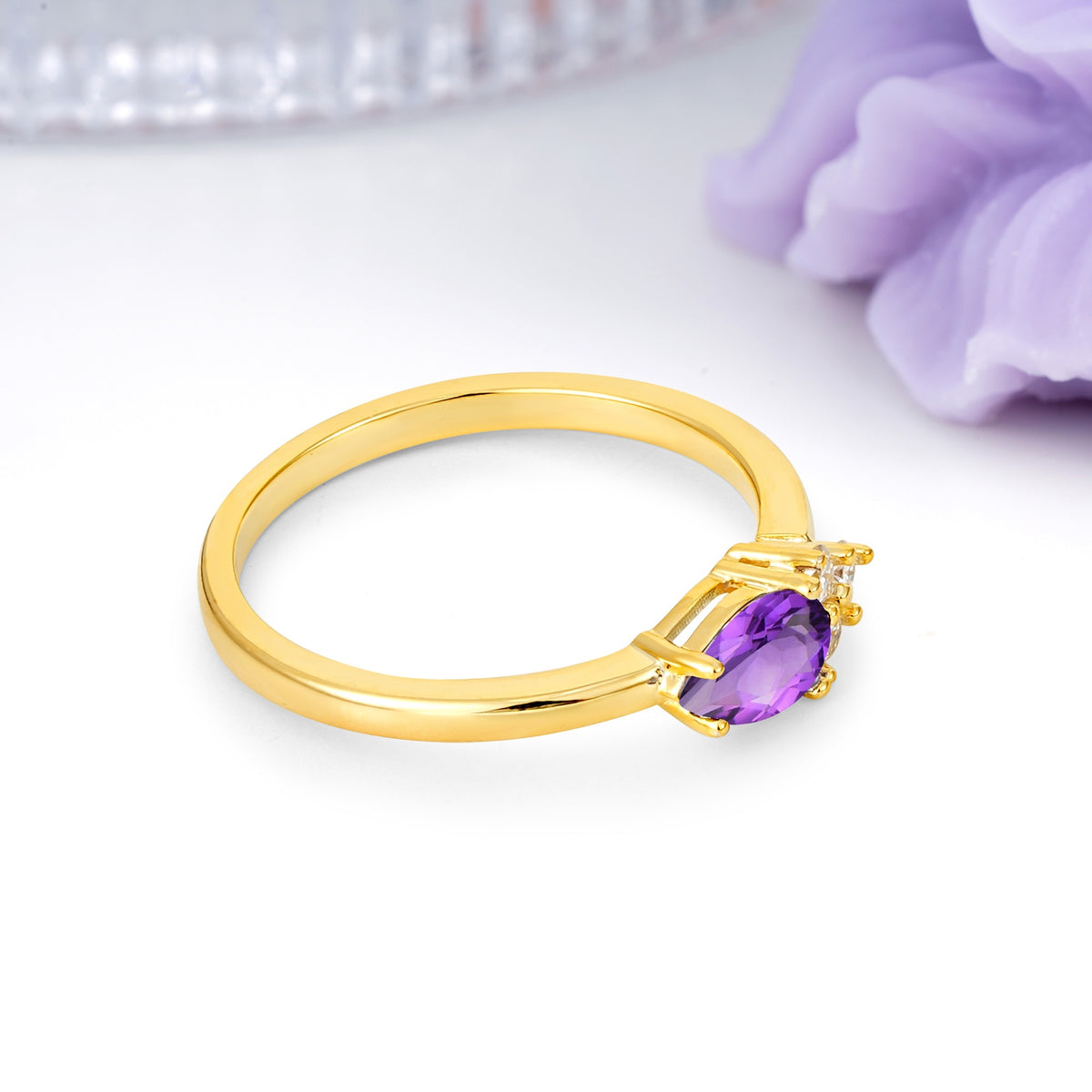 Unique, Minimalist 4-Prong Pear Cut Amethyst Engagement Ring - Additional view