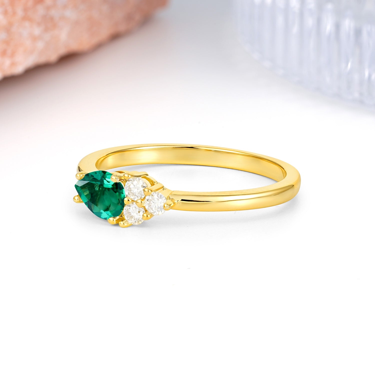 Unique, Minimalist 4-Prong Pear Cut Emerald Engagement Ring - Additional view