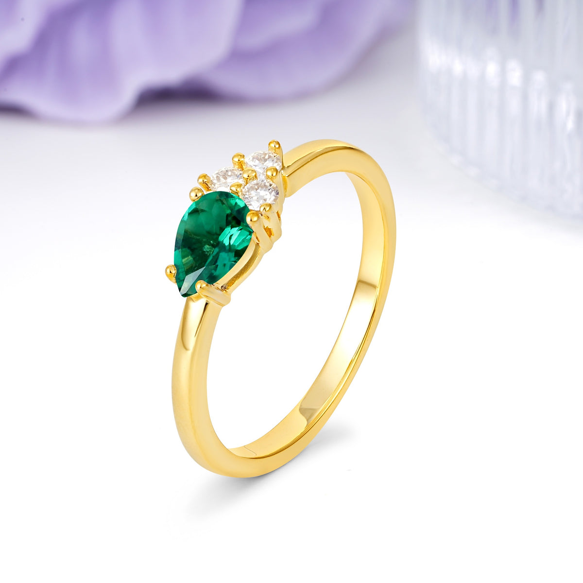 Unique, Minimalist 4-Prong Pear Cut Emerald Engagement Ring - Additional view