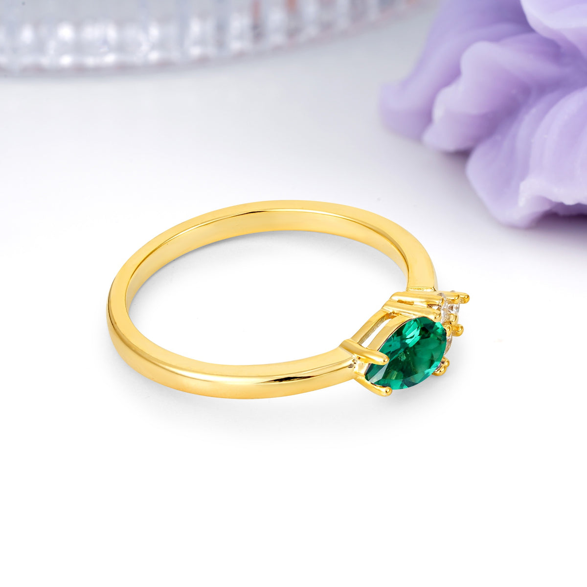 Unique, Minimalist 4-Prong Pear Cut Emerald Engagement Ring - Additional view