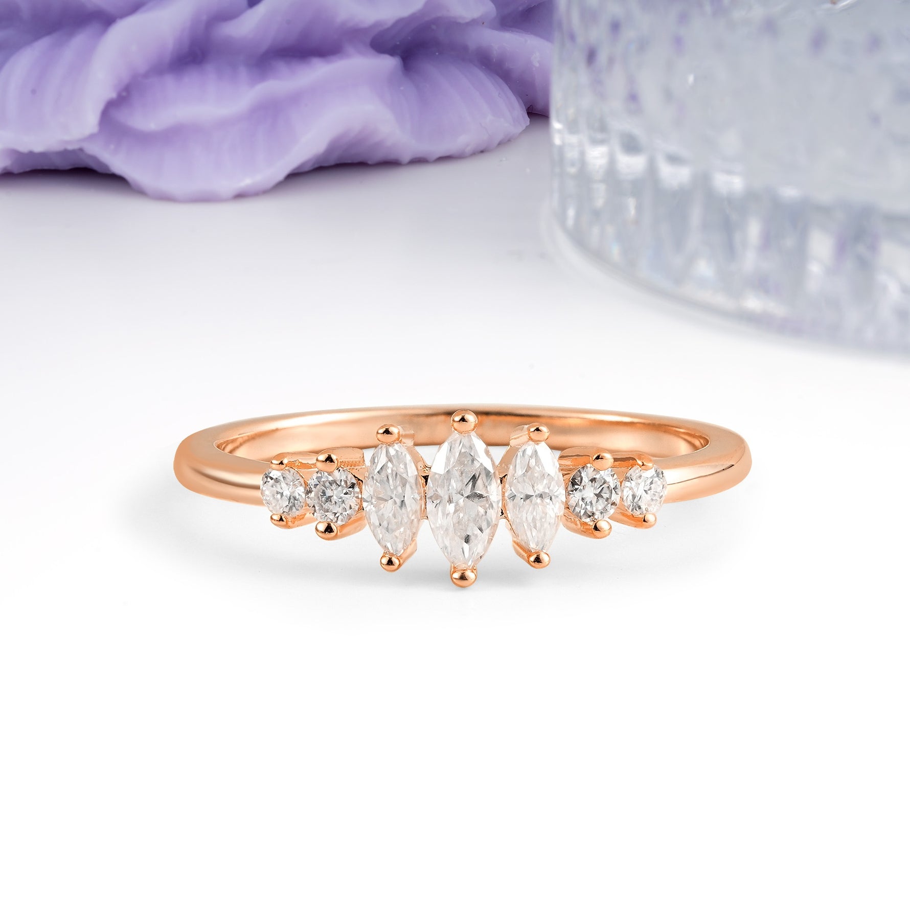 Elegant Low Profile Single Band Graduated Marquise Cut Moissanite Wedding Ring - Additional view