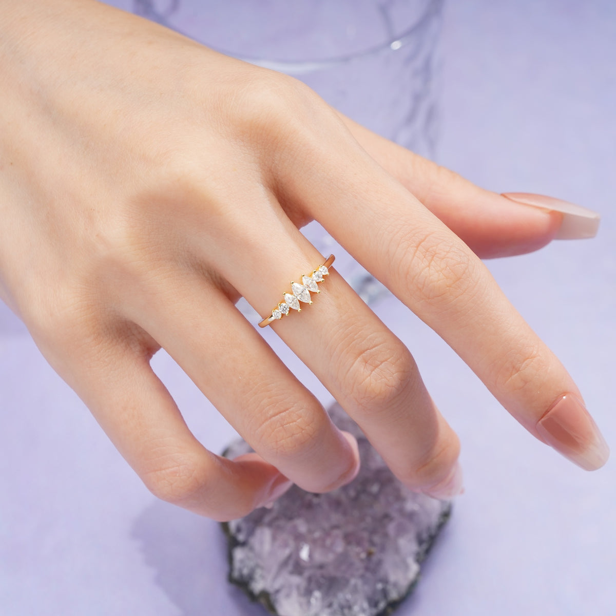 Elegant Low Profile Single Band Graduated Marquise Cut Moissanite Wedding Ring