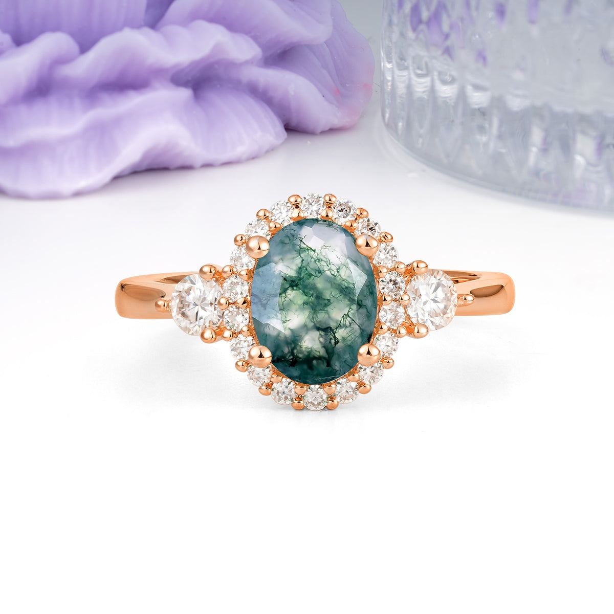 Classic Luxury 4-Prong Oval Cut Moss Agate Engagement Ring - Additional view