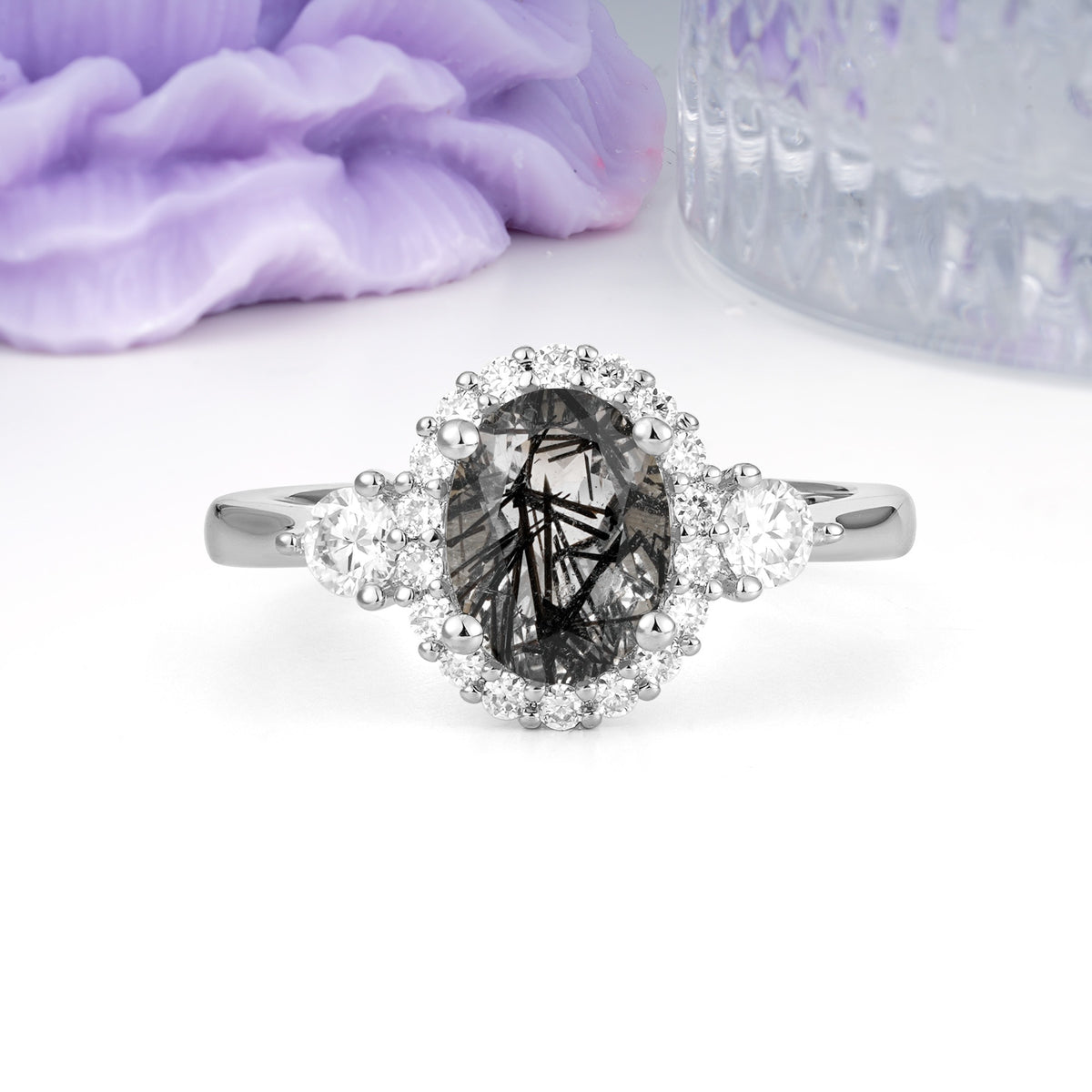 Classic Luxury 4-Prong Oval Cut Black Rutilated Quartz Engagement Ring - Additional view
