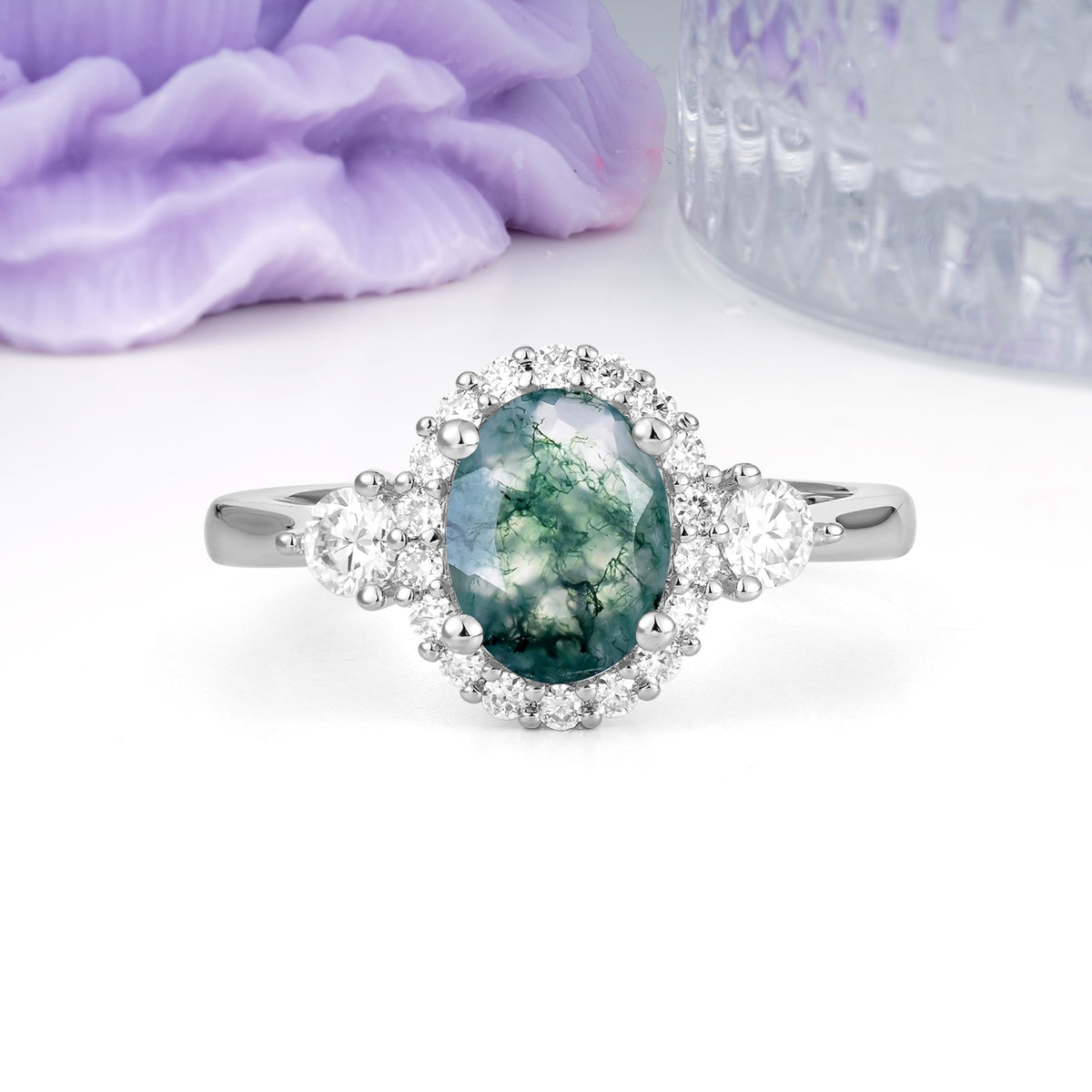 Classic Luxury 4-Prong Oval Cut Moss Agate Engagement Ring - Additional view