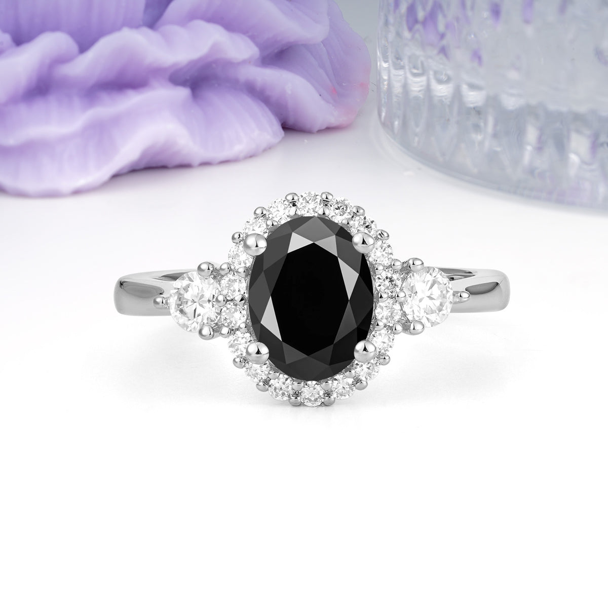 Classic Luxury 4-Prong Oval Cut Black Onyx Engagement Ring - Additional view
