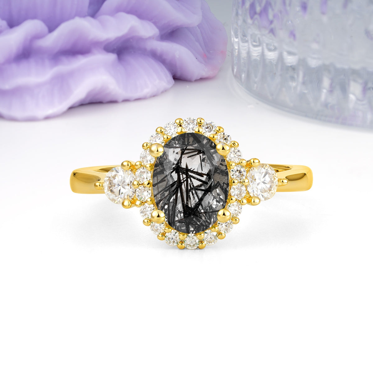 Classic Luxury 4-Prong Oval Cut Black Rutilated Quartz Engagement Ring - Additional view