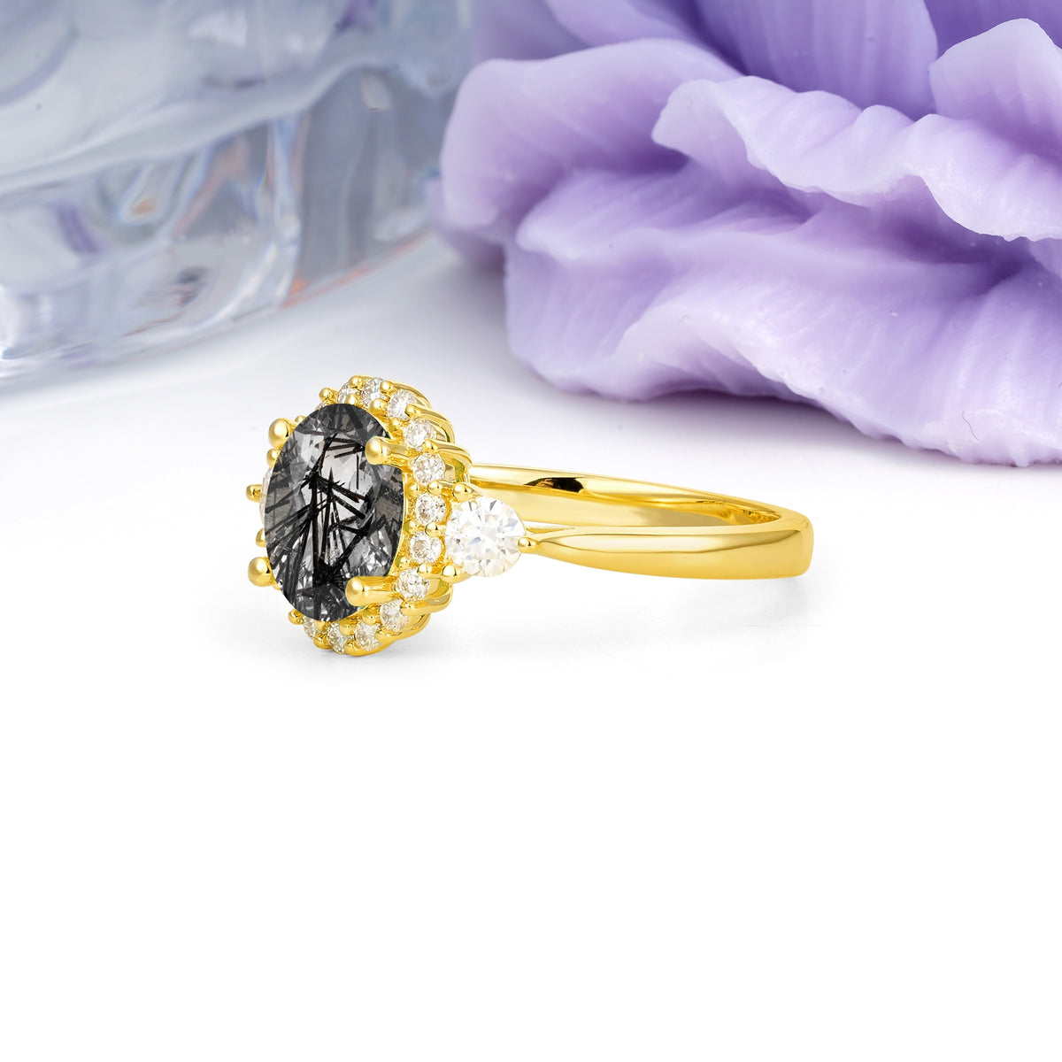 Classic Luxury 4-Prong Oval Cut Black Rutilated Quartz Engagement Ring - Additional view