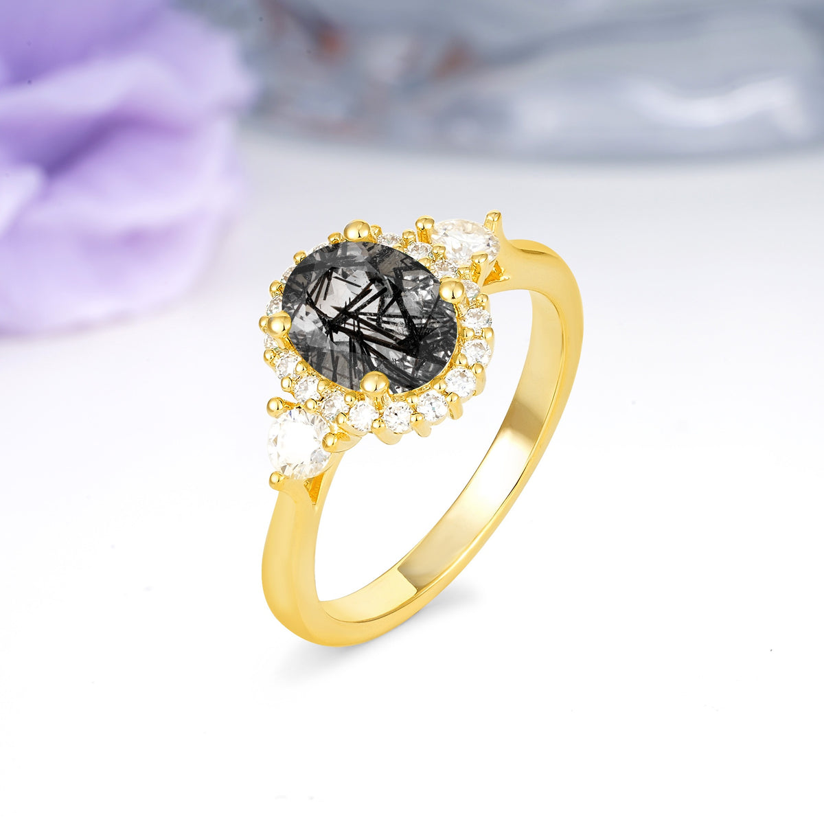 Classic Luxury 4-Prong Oval Cut Black Rutilated Quartz Engagement Ring - Additional view