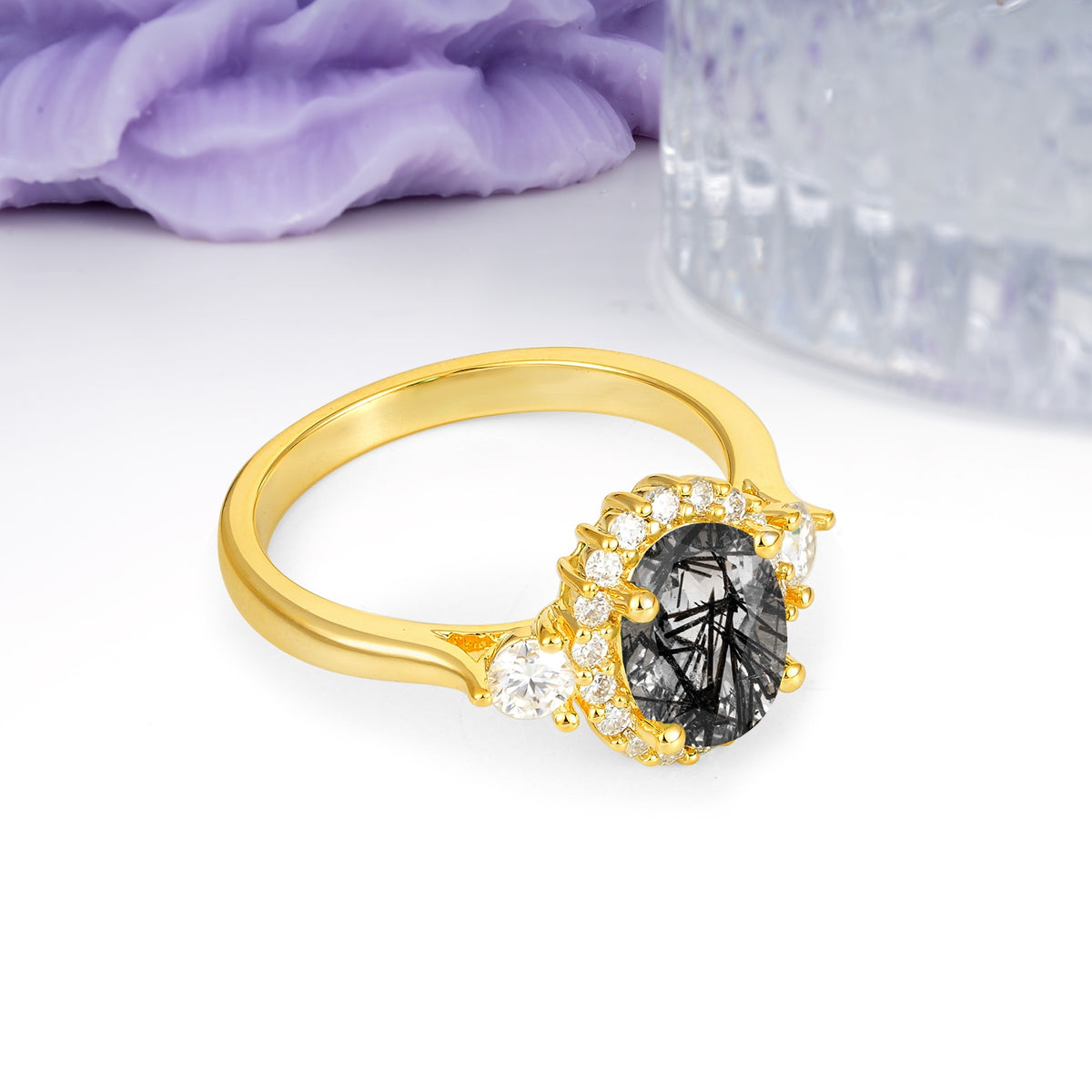 Classic Luxury 4-Prong Oval Cut Black Rutilated Quartz Engagement Ring - Additional view
