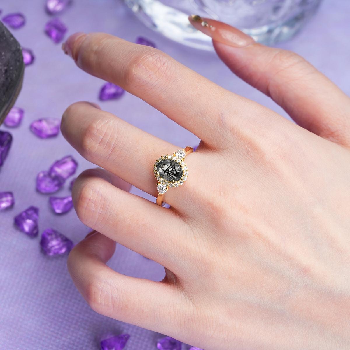 Classic Luxury 4-Prong Oval Cut Black Rutilated Quartz Engagement Ring