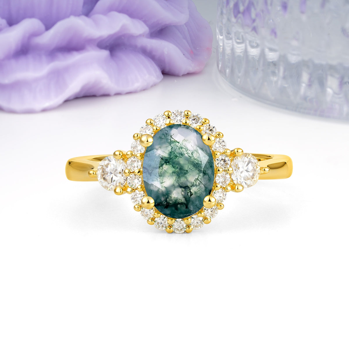 Classic Luxury 4-Prong Oval Cut Moss Agate Engagement Ring - Additional view