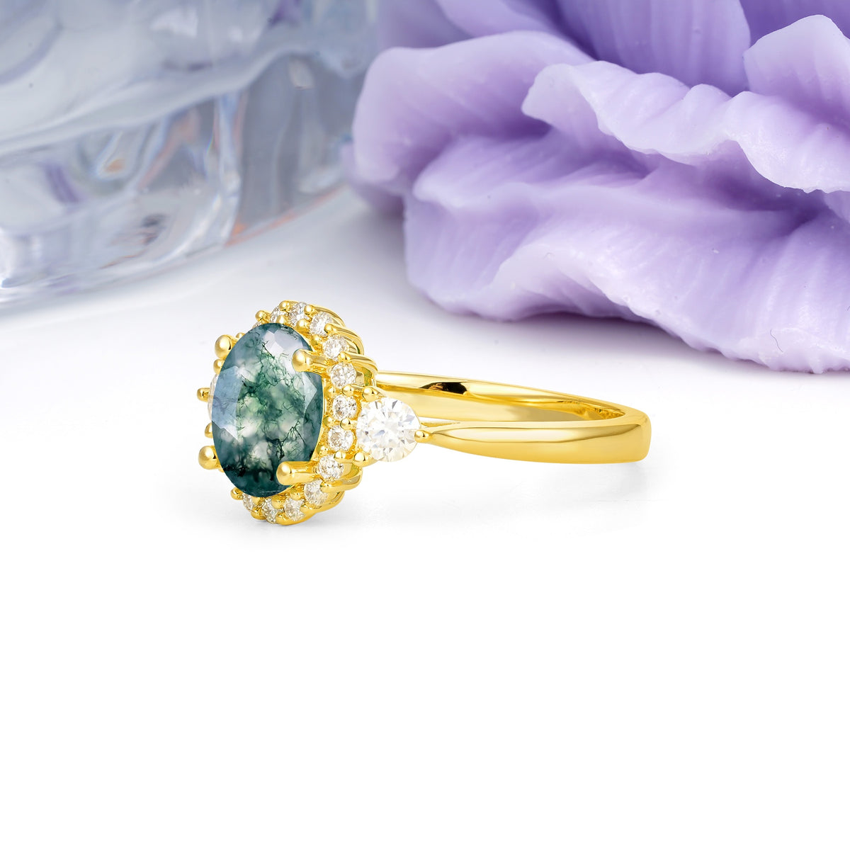 Classic Luxury 4-Prong Oval Cut Moss Agate Engagement Ring - Additional view