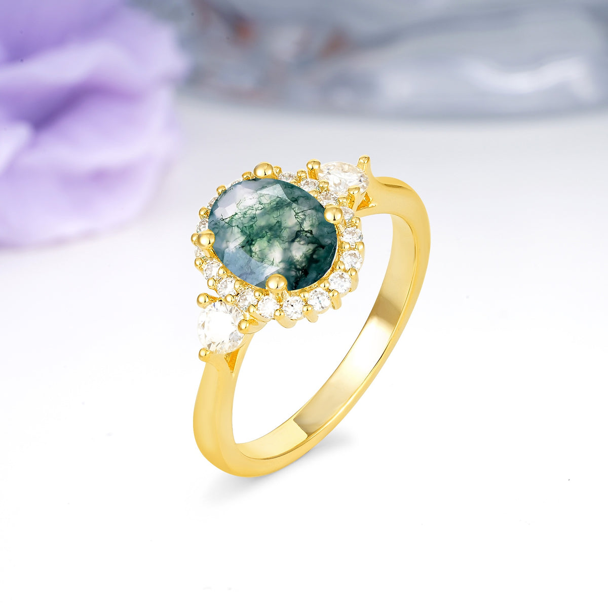 Classic Luxury 4-Prong Oval Cut Moss Agate Engagement Ring - Additional view