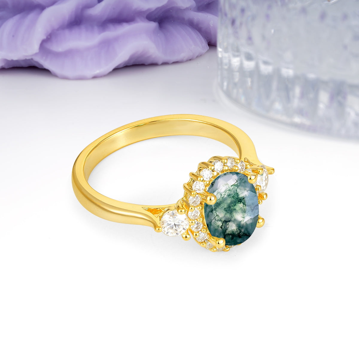 Classic Luxury 4-Prong Oval Cut Moss Agate Engagement Ring - Additional view