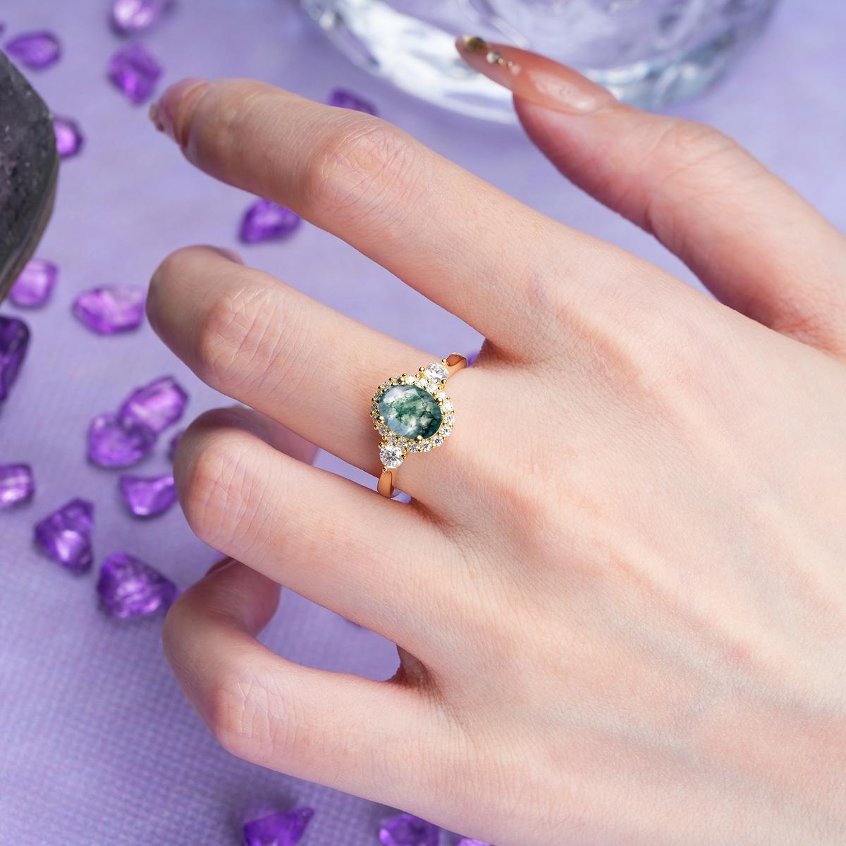Classic Luxury 4-Prong Oval Cut Moss Agate Engagement Ring