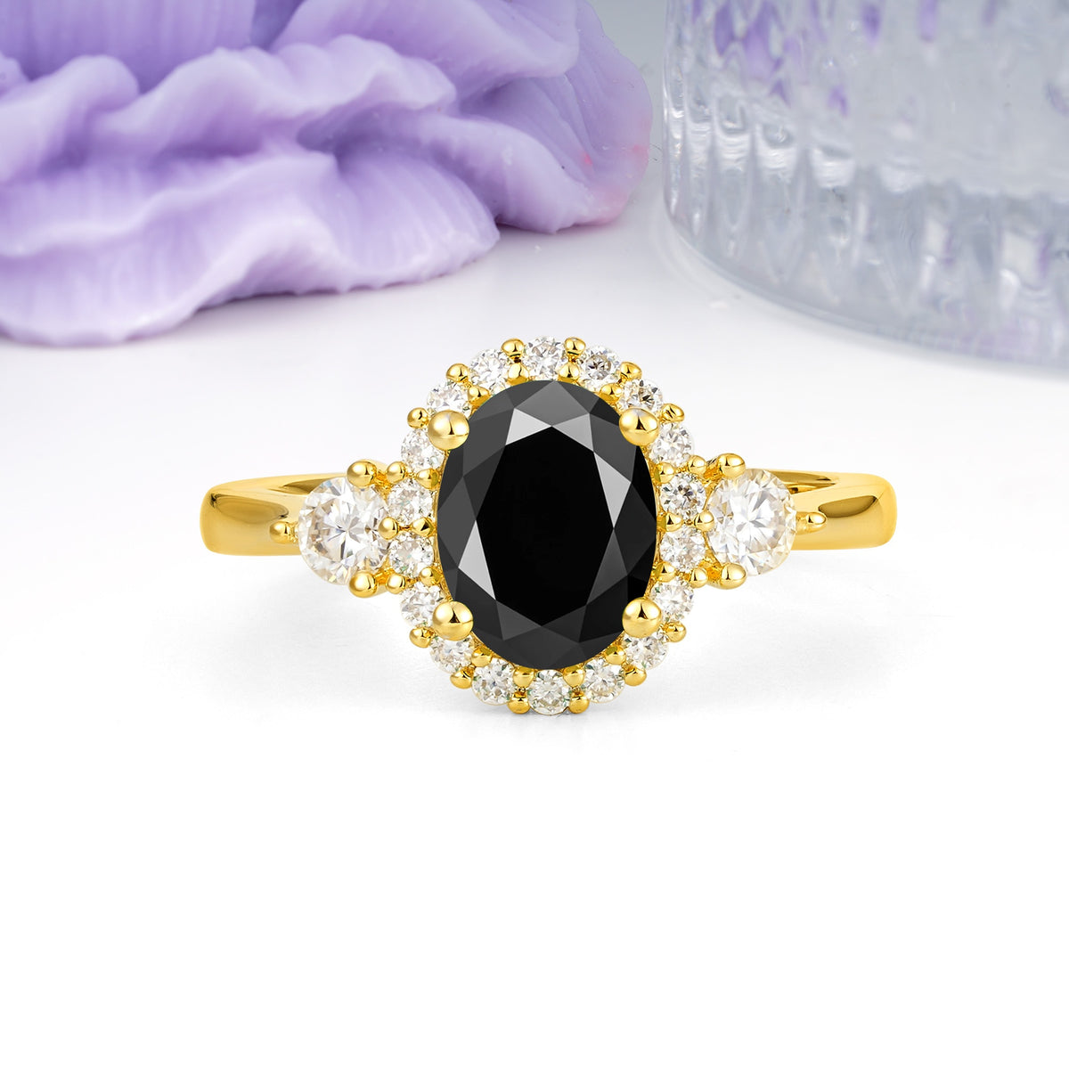 Classic Luxury 4-Prong Oval Cut Black Onyx Engagement Ring - Additional view