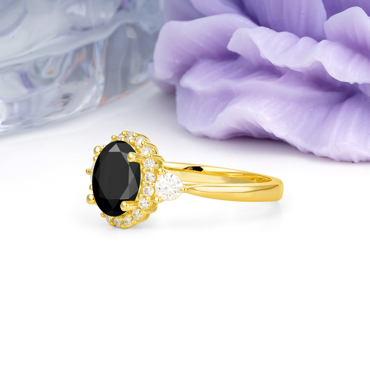 Classic Luxury 4-Prong Oval Cut Black Onyx Engagement Ring - Additional view