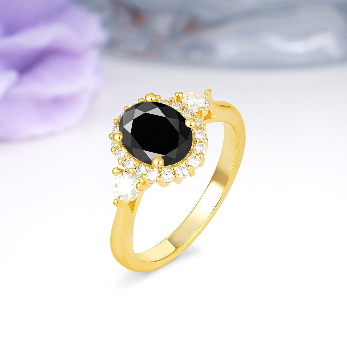 Classic Luxury 4-Prong Oval Cut Black Onyx Engagement Ring - Additional view