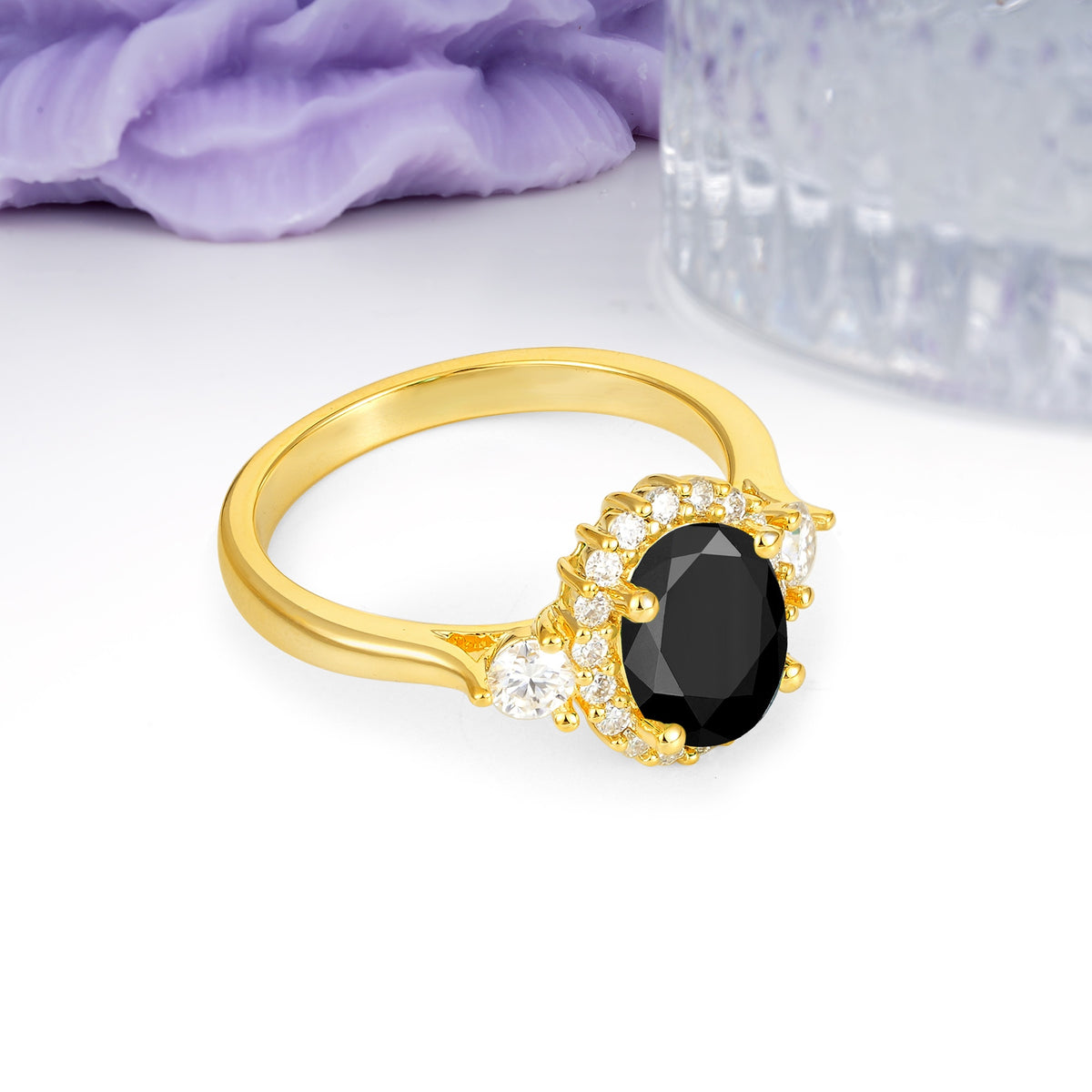 Classic Luxury 4-Prong Oval Cut Black Onyx Engagement Ring - Additional view
