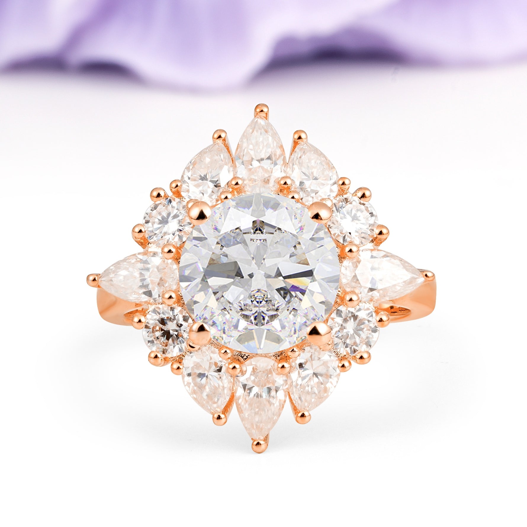 Stunning Starburst Floral Halo Round Cut Moissanite Engagement Ring - Additional view